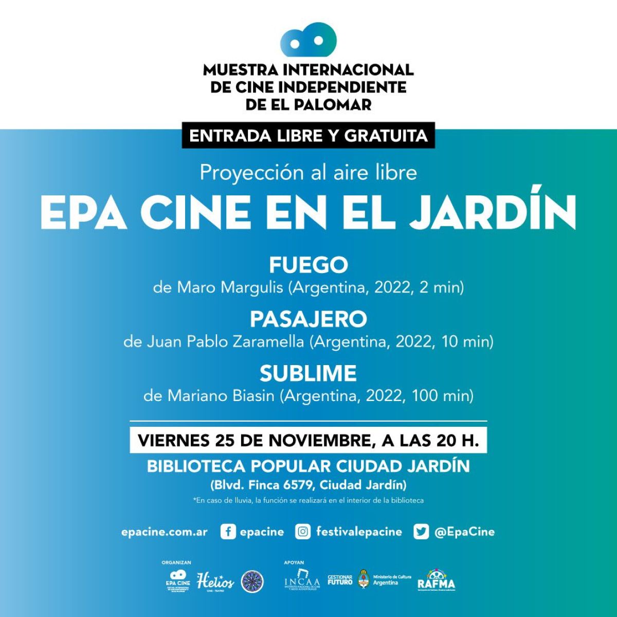 Proyección gratis y al aire libre de EPA CINE en el jardín